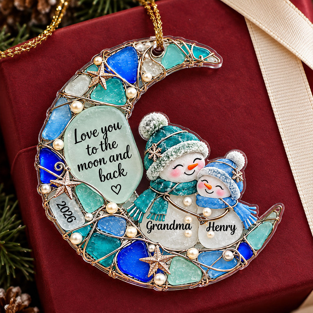 Grandma Grandkid Snowman On Moon 2D Flat Printed - Personalized Acrylic Ornament - Christmas Gift For Grandkid, Grandson, Granddaughter