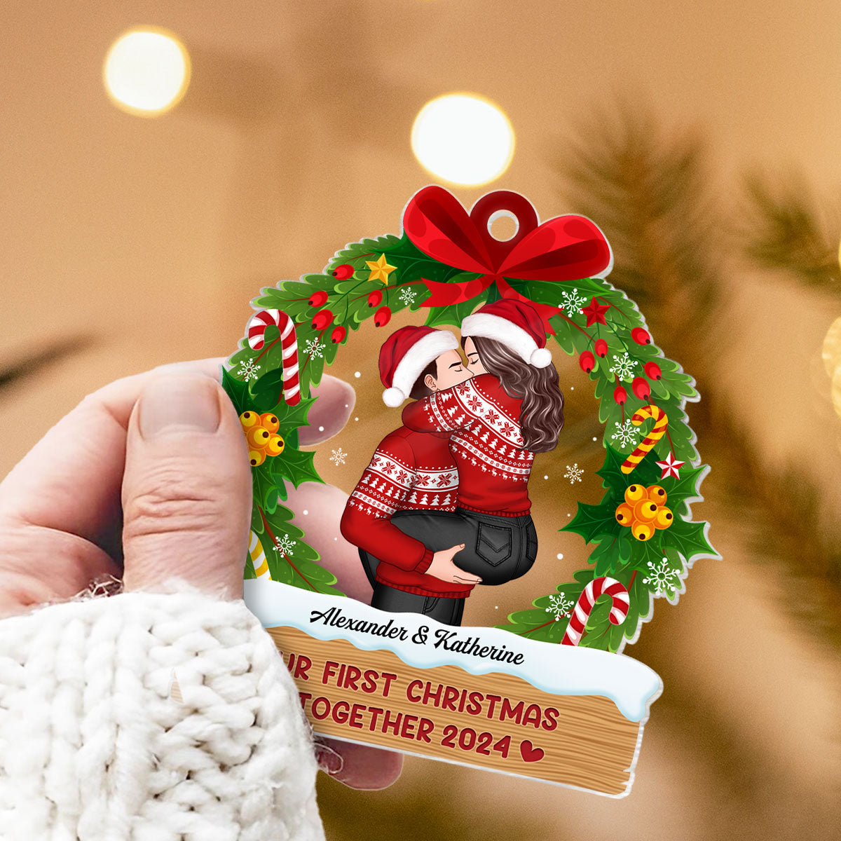 Hugging Kissing Couple Christmas Wreath Personalized Acrylic Ornament, Christmas Gift For Him For Her
