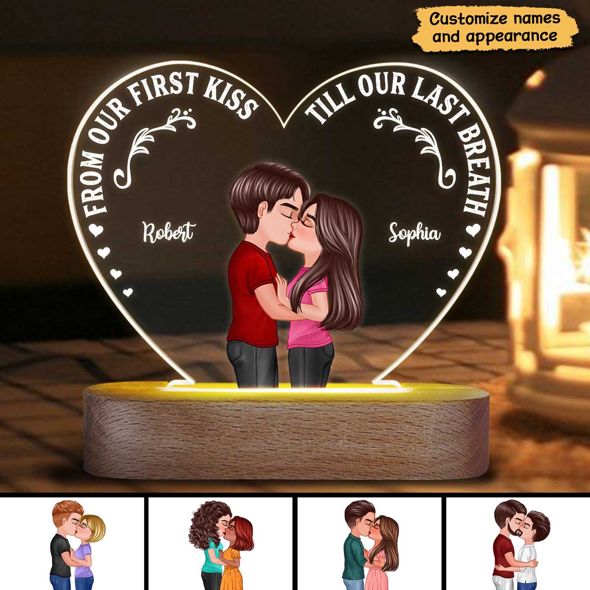 Couple Kissing Valentine‘s Day Gift Anniversary Gift Personalized Heart Acrylic Plaque With LED Night Light