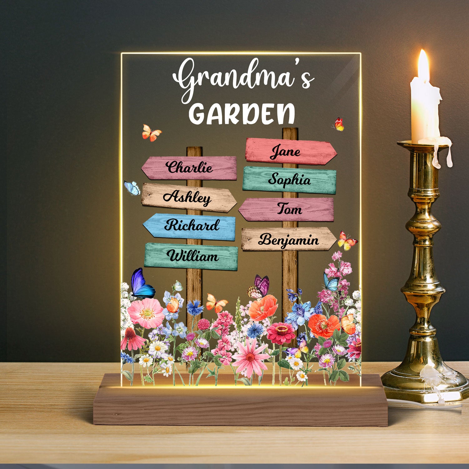 Grandma‘s Garden Direction Sign Flowers Butterflies Personalized Rectangle Acrylic LED Night Light