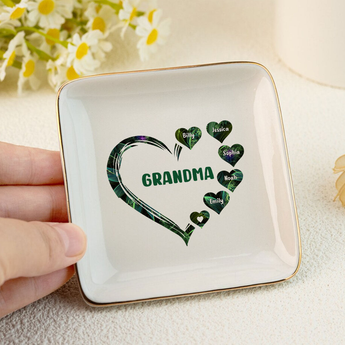 Grandma Mom Hearts Marble Patterned Personalized Jewelry Dish, Birthday Gift for Grandma, Christmas Gift
