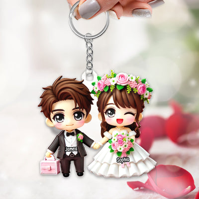3D Effect Wedding Cartoon Chibi Couple Personalized Acrylic Keychain, Gift for him, Gift for her