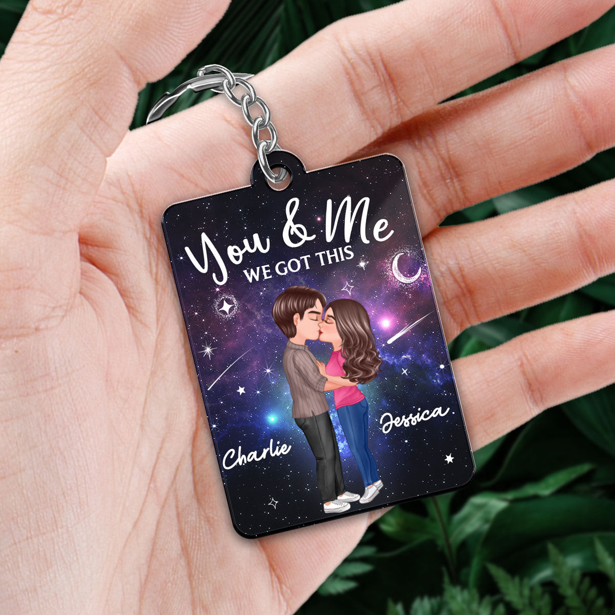 Doll Couple Kissing In Galaxy Night Favorite Song Scannable QR Code Personalized Acrylic Keychain