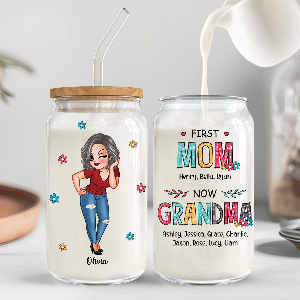 First Mom Now Grandma Personalized Clear Glass Can