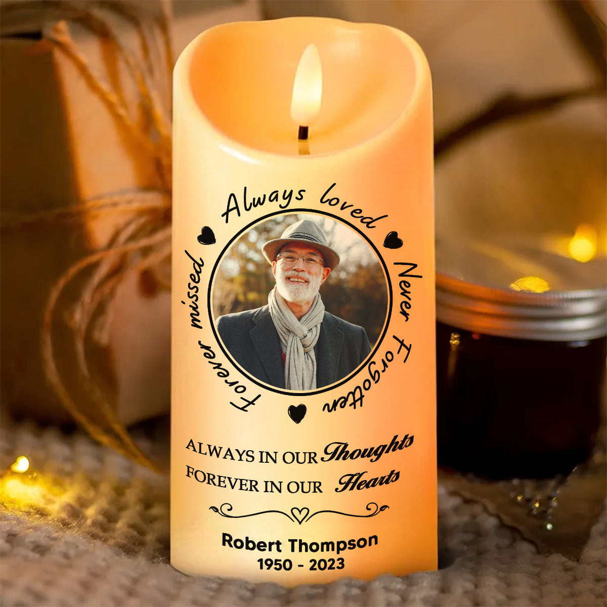 Always Loved Never Forgotten Memorial Personalized LED Candle, Custom Photo Sympathy Gift