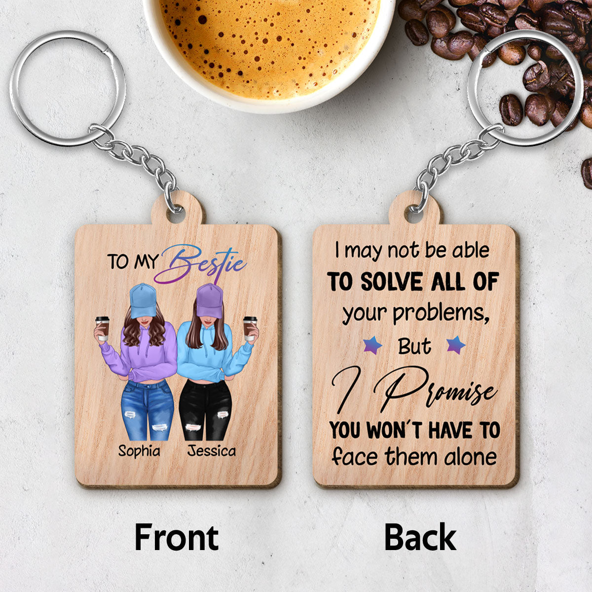 Front View Besties To My Bestie Personalized Wooden Keychain