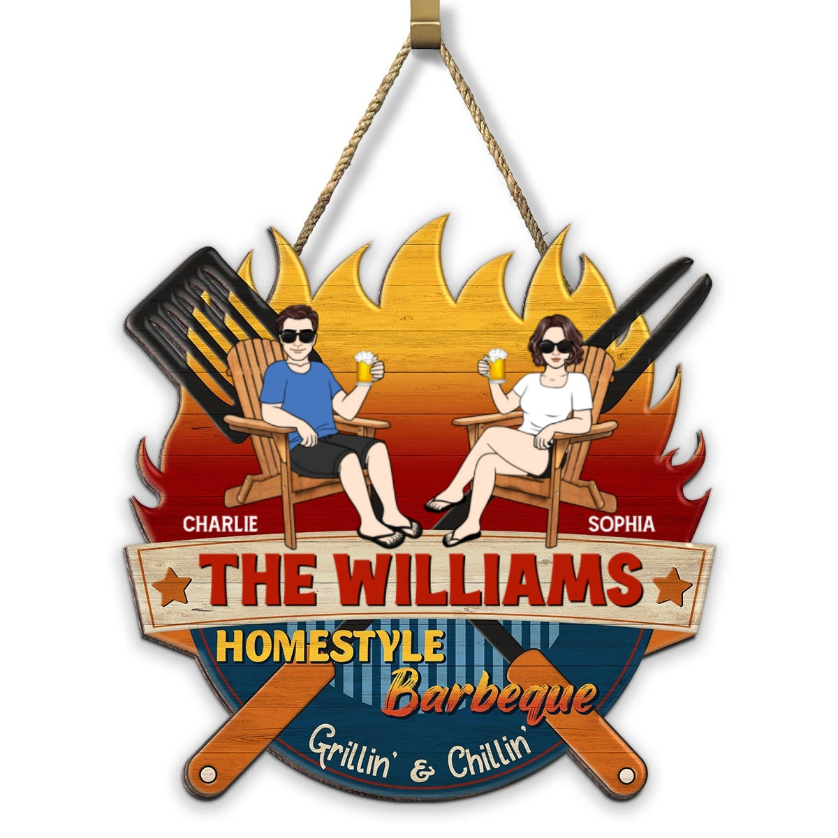 Homestyle Barbeque Couple Sitting Personalized Wood Sign