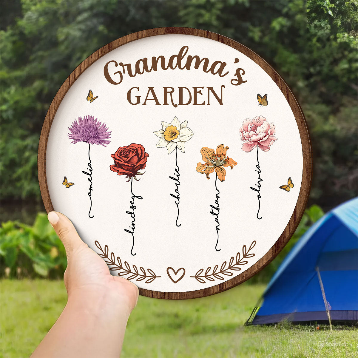 Grandma's Garden Love Grows Here, Birth Month Flower Personalized 2-Layer Wooden Door Sign