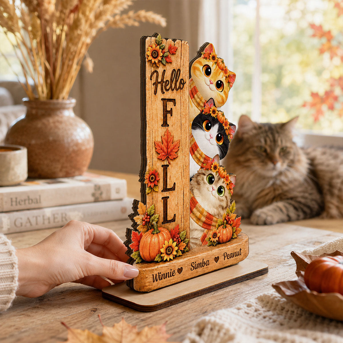 Hello Fall Cats 2D Flat - Personalized Wooden Plaque - Fall Season Decoration
