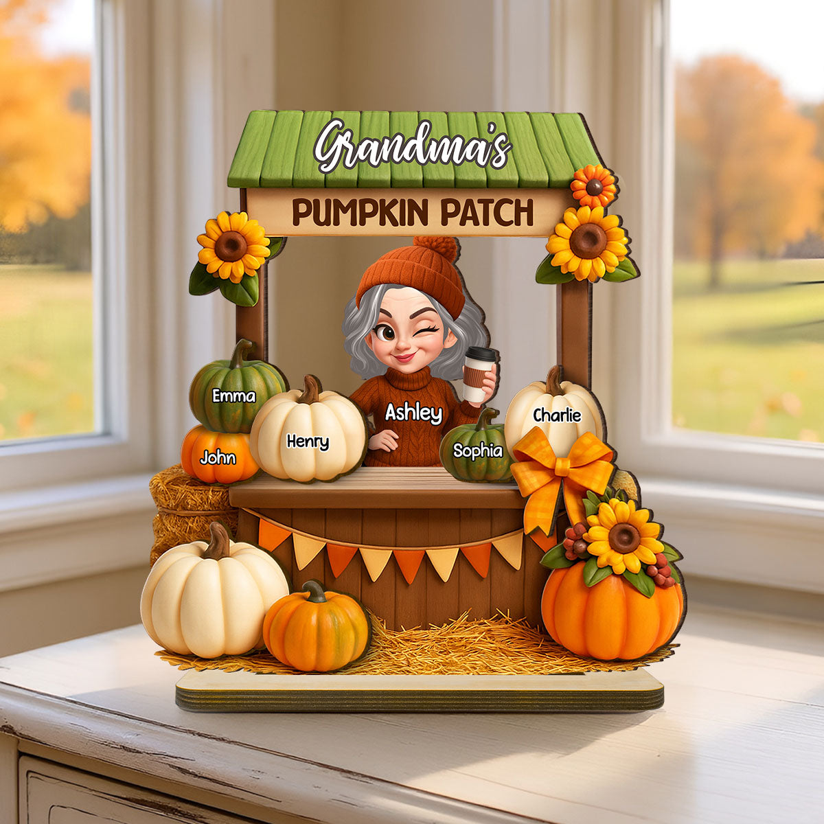 Grandma Mom Fall Season Pumpkin Stand 3D Effect Personalized Wooden Plaque