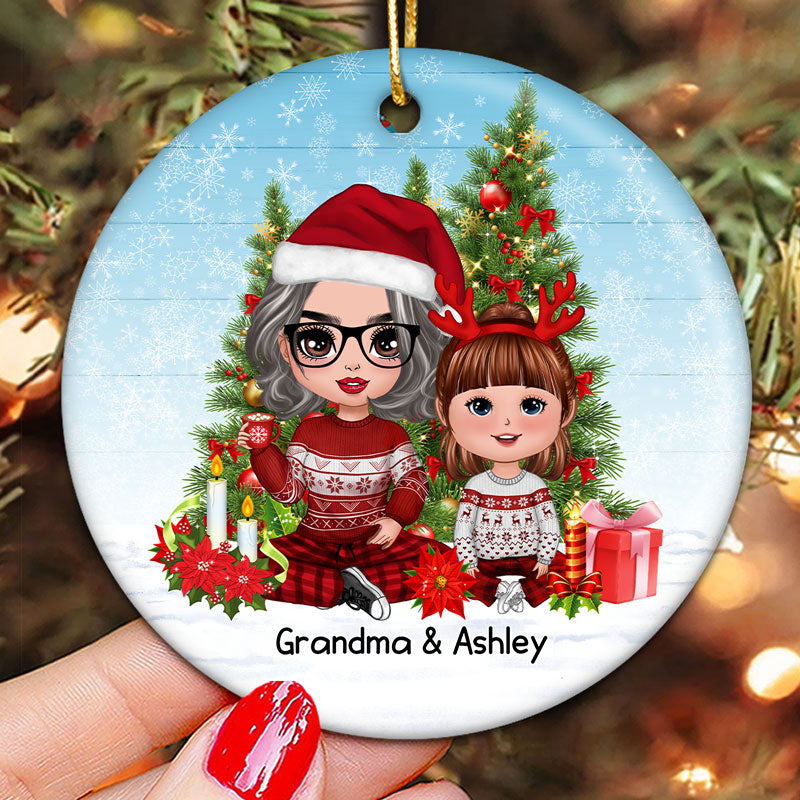 Grandma Sitting With Grandkids Christmas Tree Personalized Circle Ornament