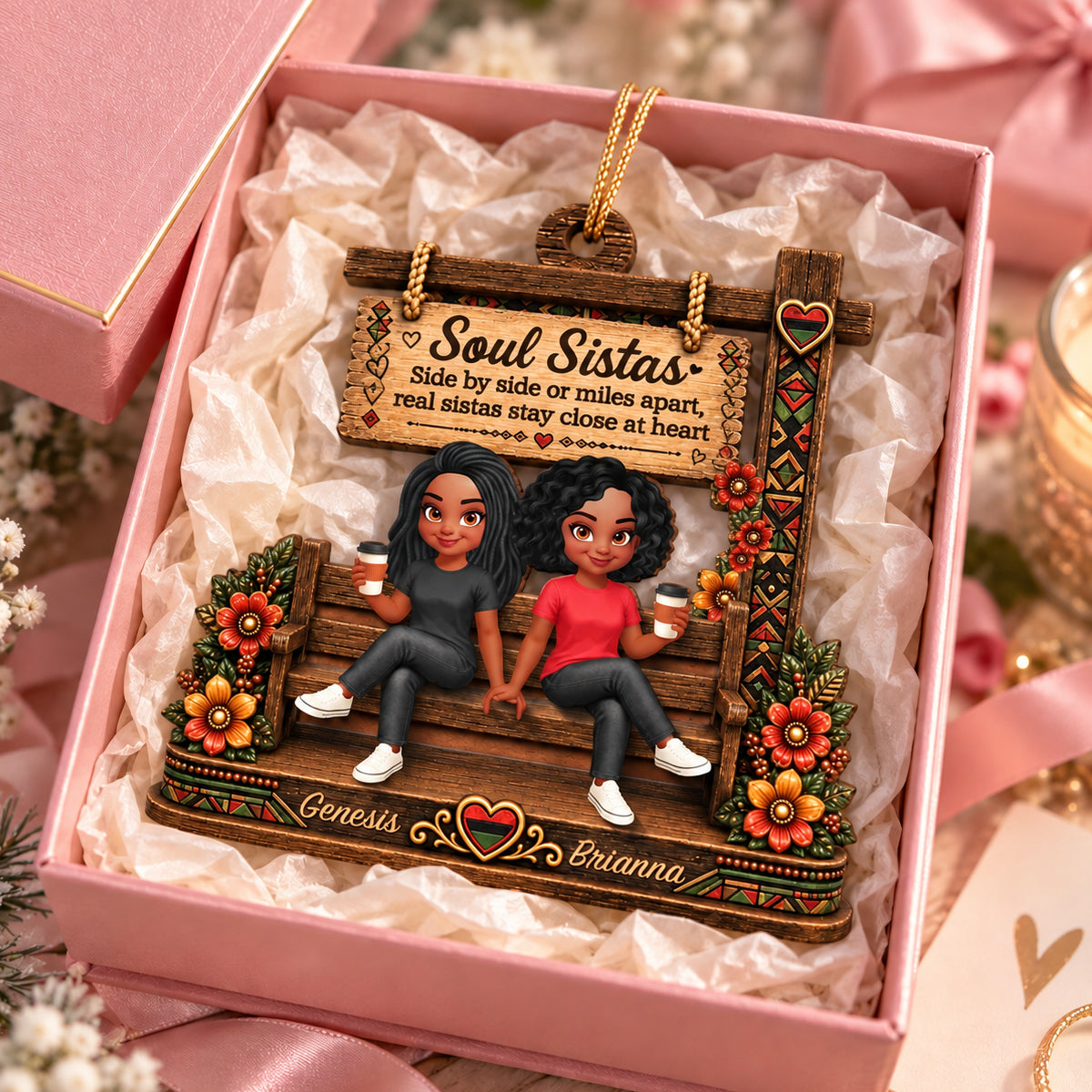 Soul Sistas Sitting Under Sign Post 2D Flat Printed - Personalized Wooden Ornament - Friendship Keepsake, Christmas Gift For Besties