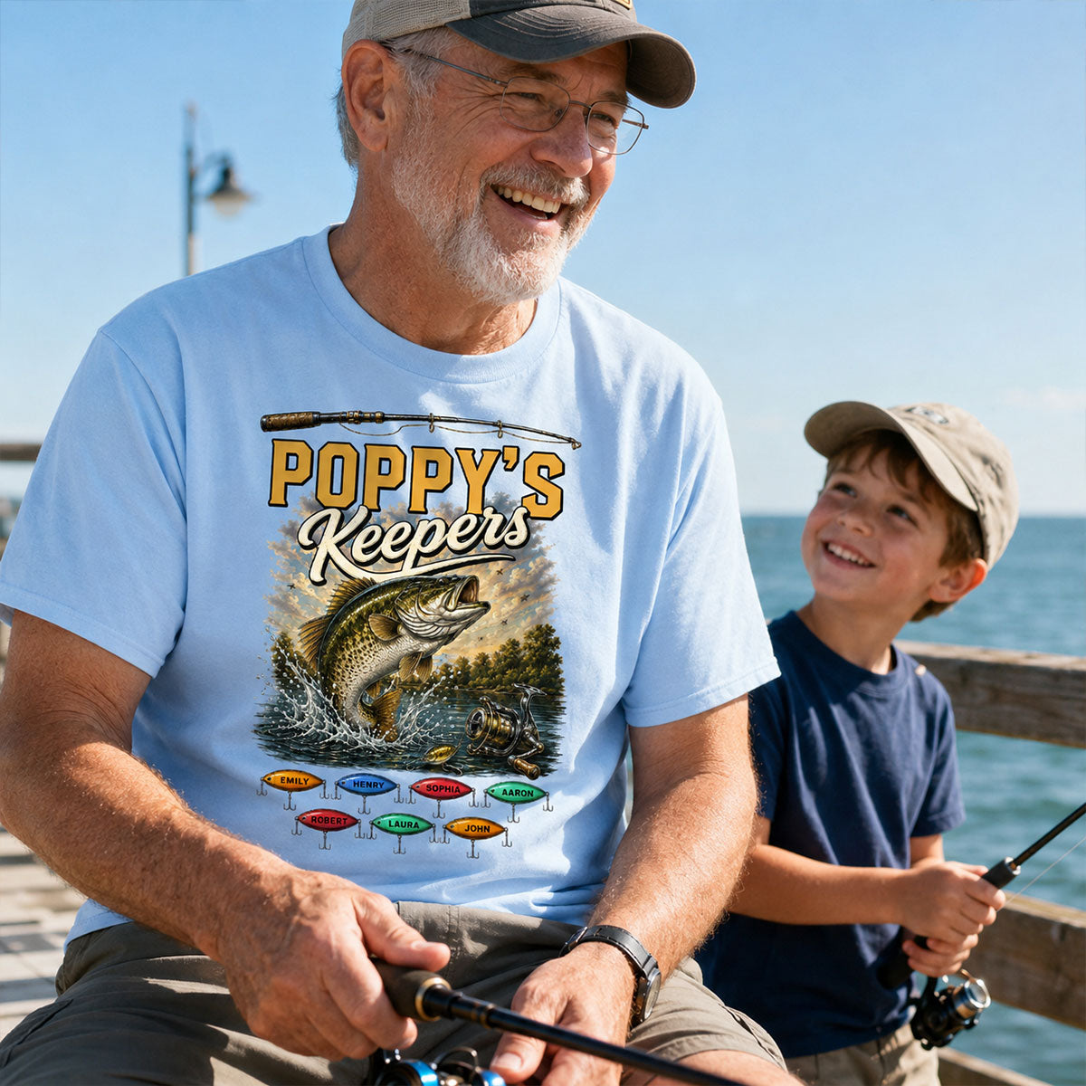 Poppy's Keepers Fishing With Grandkids Names - Personalised Shirt - Father's Day Gift For Dad, Grandpa