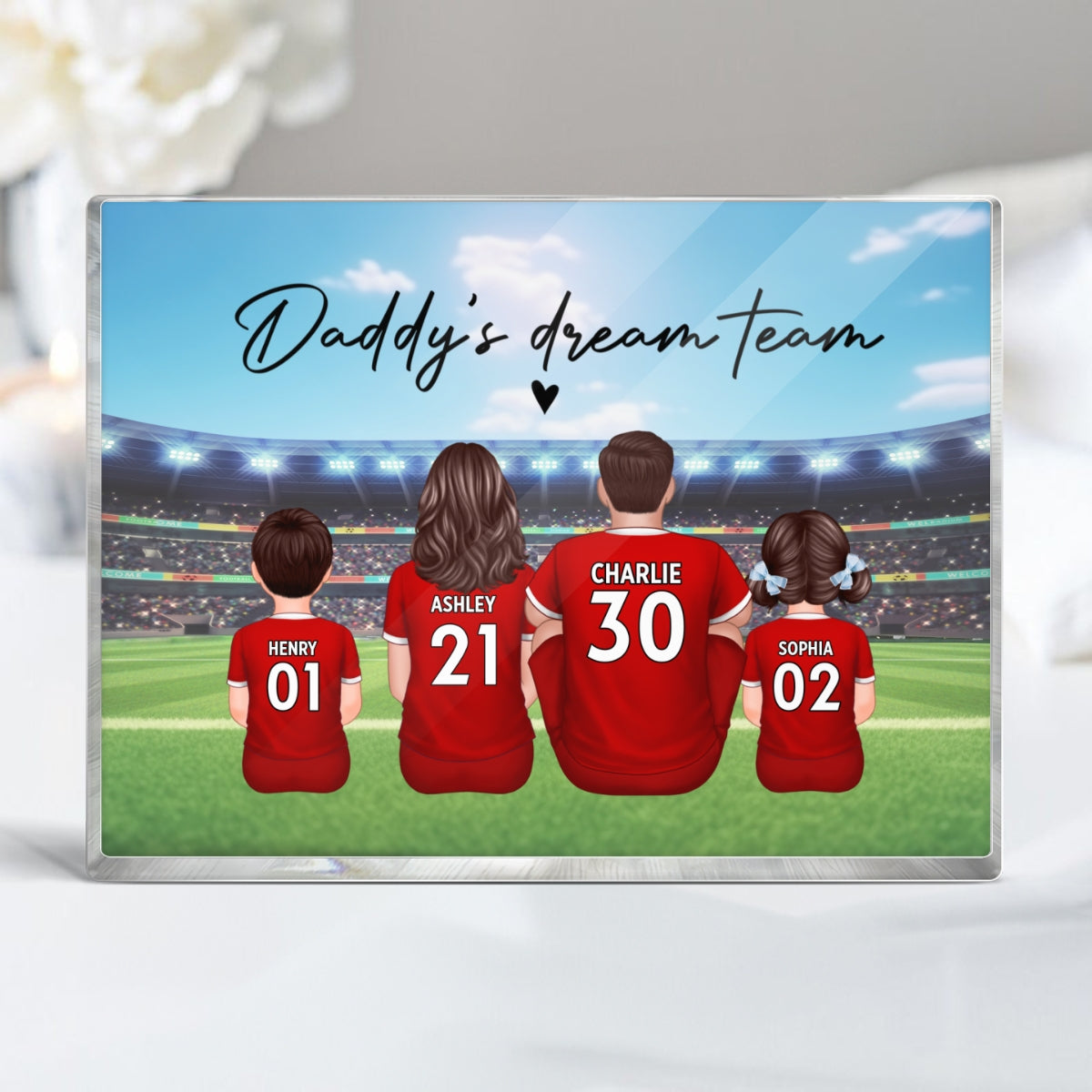 Daddy's Team Soccer Family Sitting Back View Personalized Acrylic Block, Father's Day Gift