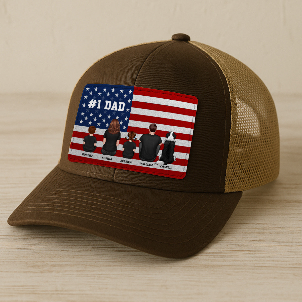 Nation Flag Dad And Kids Sitting Personalized Leather Patch Hat, Gift For Dad