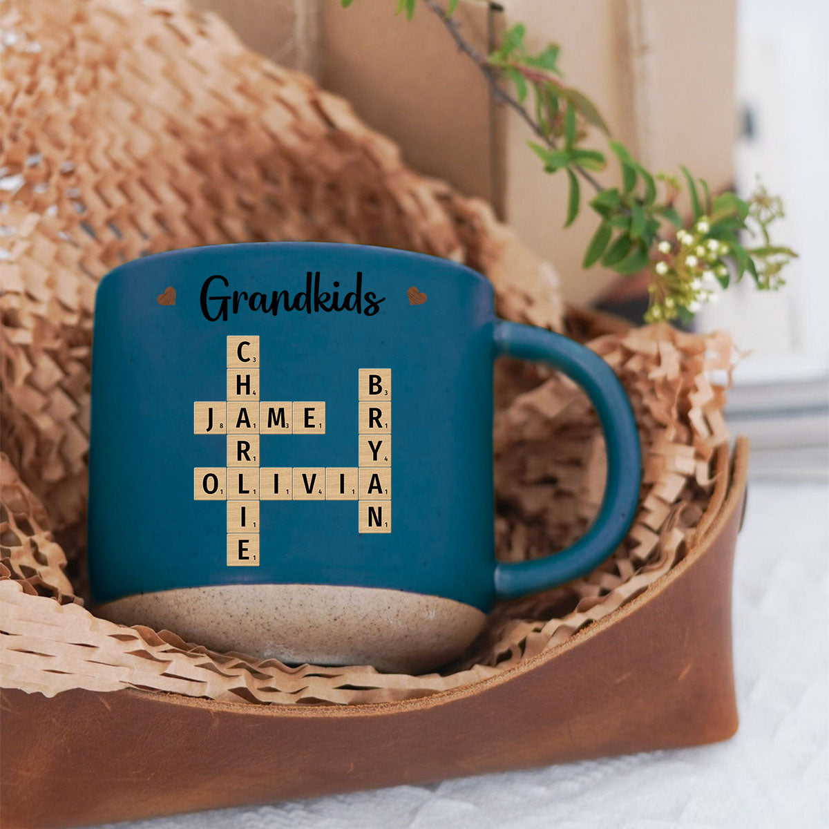 Grandkids Crossword Puzzle Art Personalized Pottery Mug, Christmas Gift For Grandma, Gift For Mom
