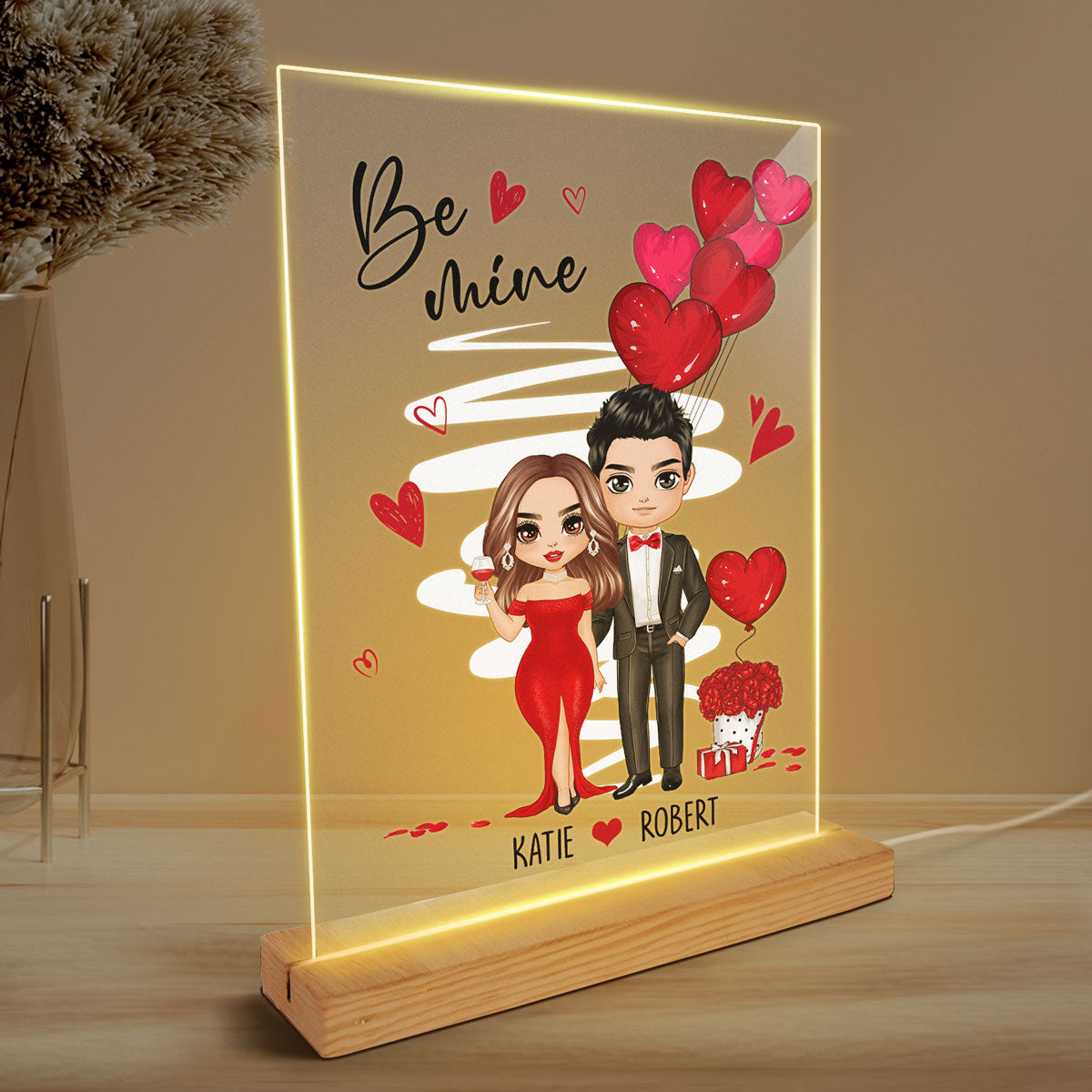 Be Mine Doll Dressed Up Couple Personalized Plaque LED Night Light - Gift For Him Gift For Her