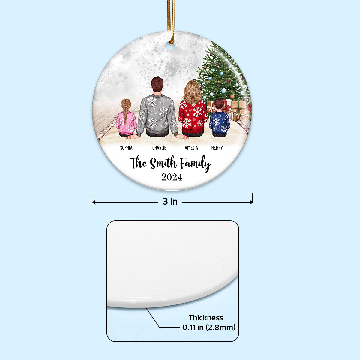Personalized Big Christmas Family Ornament, Sitting Family Back View, Merry Christmas