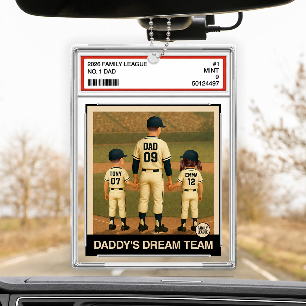 Baseball No. 1 Dad Man & Kids Trading Card Style Personalized Acrylic Car Ornament