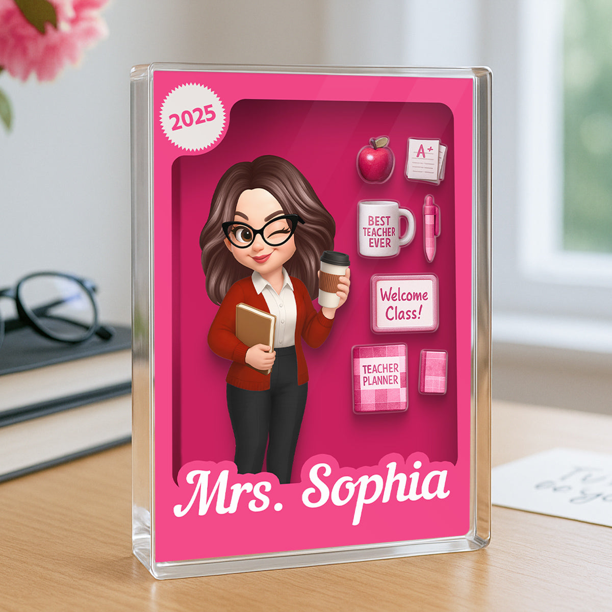 Pretty Teacher 3D Effect Toy Box Action Figure Personalized Acrylic Block, Back To School gift for Teachers