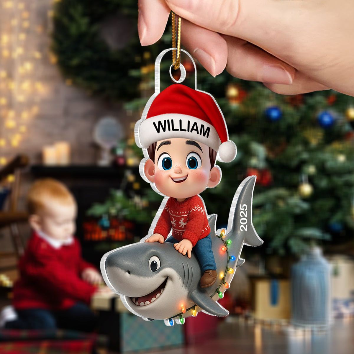 3D Effect Little Kid Favorite Animals Shark Christmas Personalized Acrylic Ornament, Fun & Unique Gift For Kids, Grandkids