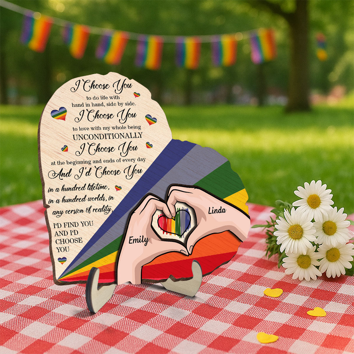 Half Heart Rainbow Flag LGBTQ Couple Personalized 2-Layered Wooden Plaque, Pride Month gift
