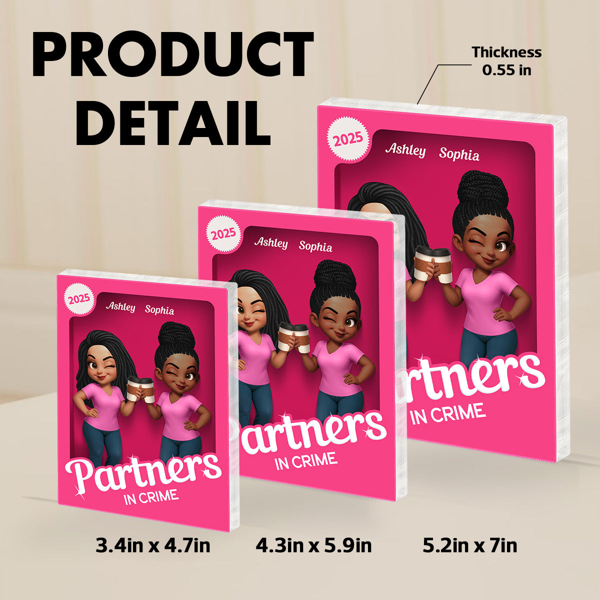 Besties Forever Pink 3D Effect Action Figure – Personalized Acrylic Block Plaque – Gift for Best Friends