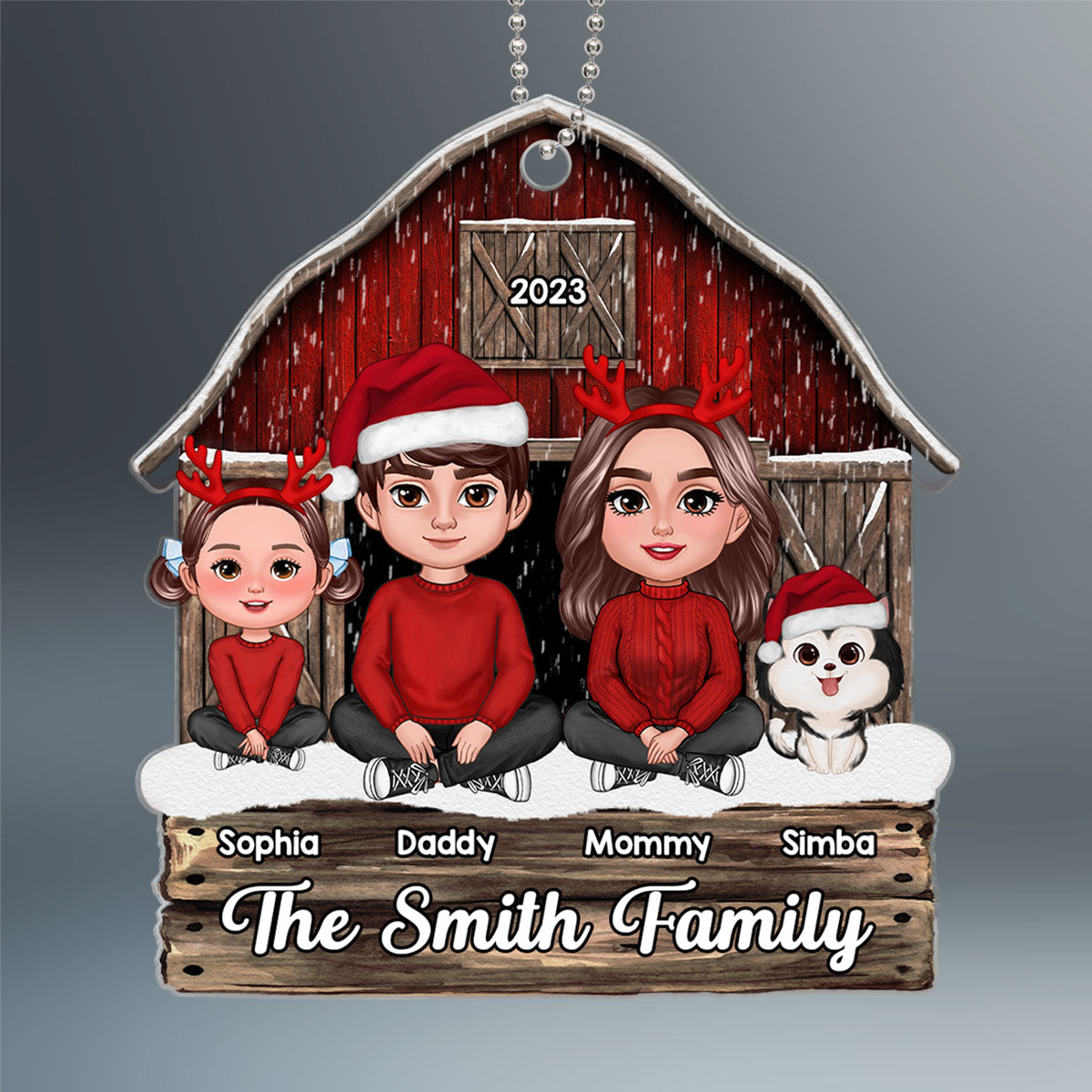 Family Sitting Crossed Legs Red Barn Christmas Gift Personalized Acrylic Ornament