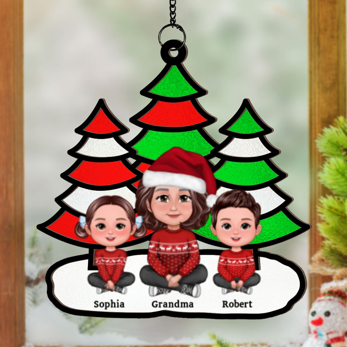 Christmas Trees Grandma Grandkids Sitting Personalized Suncatcher, Christmas Decoration