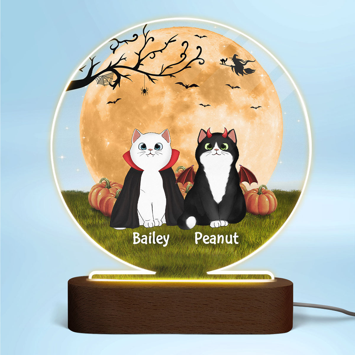 Fluffy Cat Halloween Full Moon Personalized Circle LED Night Light
