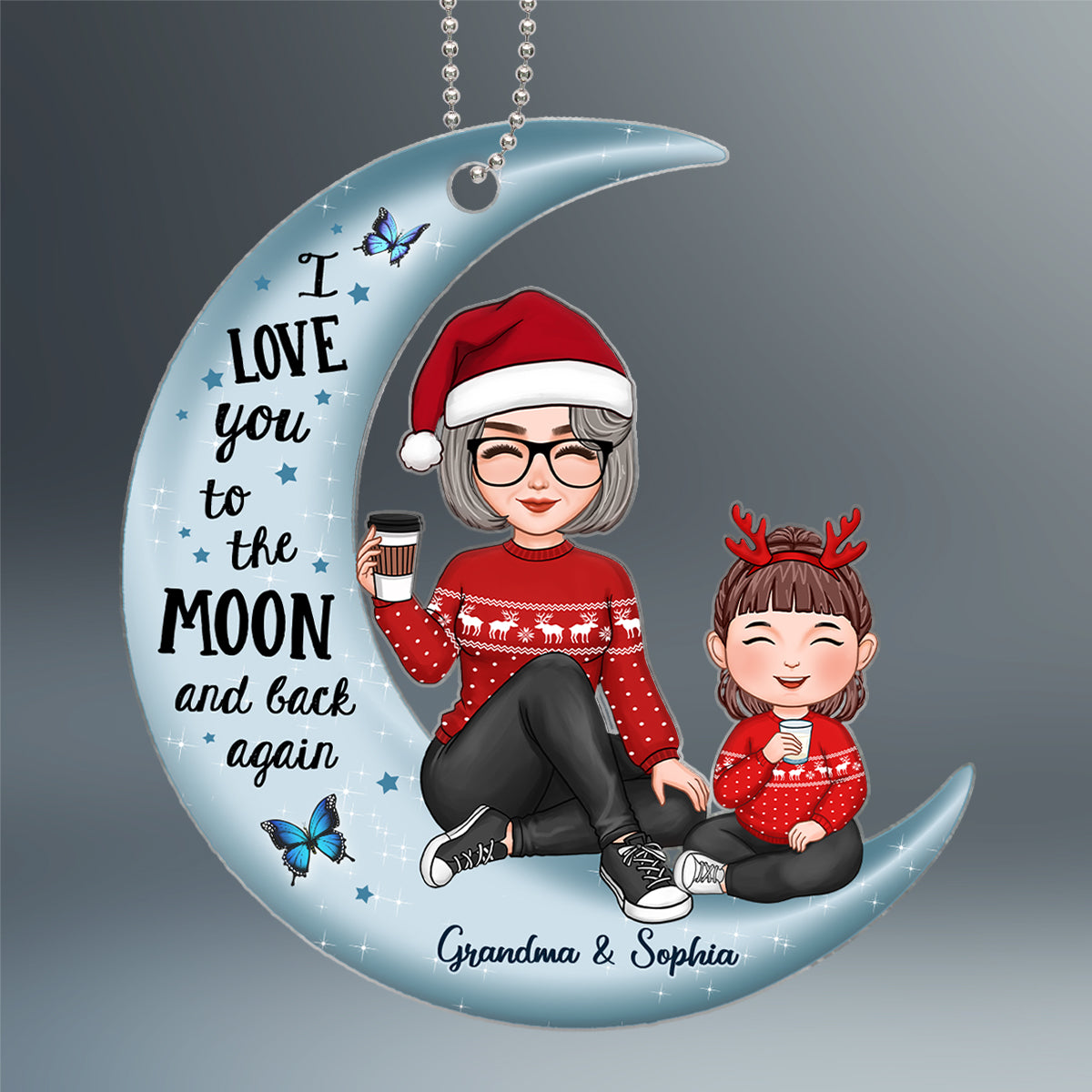 Cute Grandma & Grandkid On Moon Kid Baby Teenage Granddaughter Grandson Personalized Acrylic Ornament