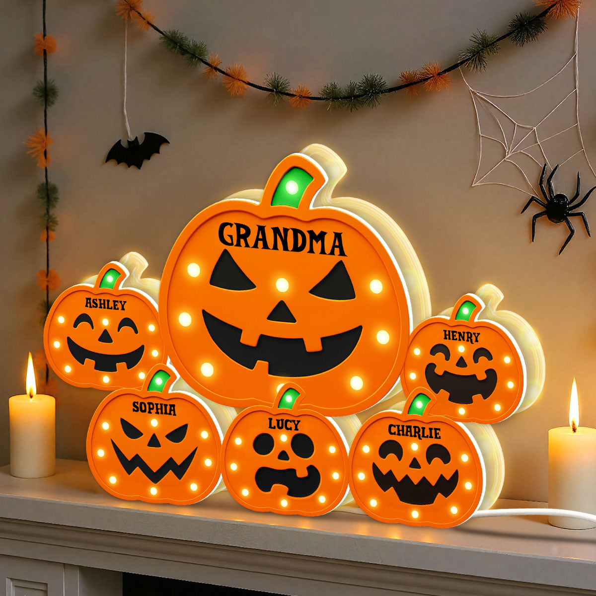 Jack O Lantern Grandma Grandkids Pumpkin Marquee Effect Personalized Light Box, Halloween Decor