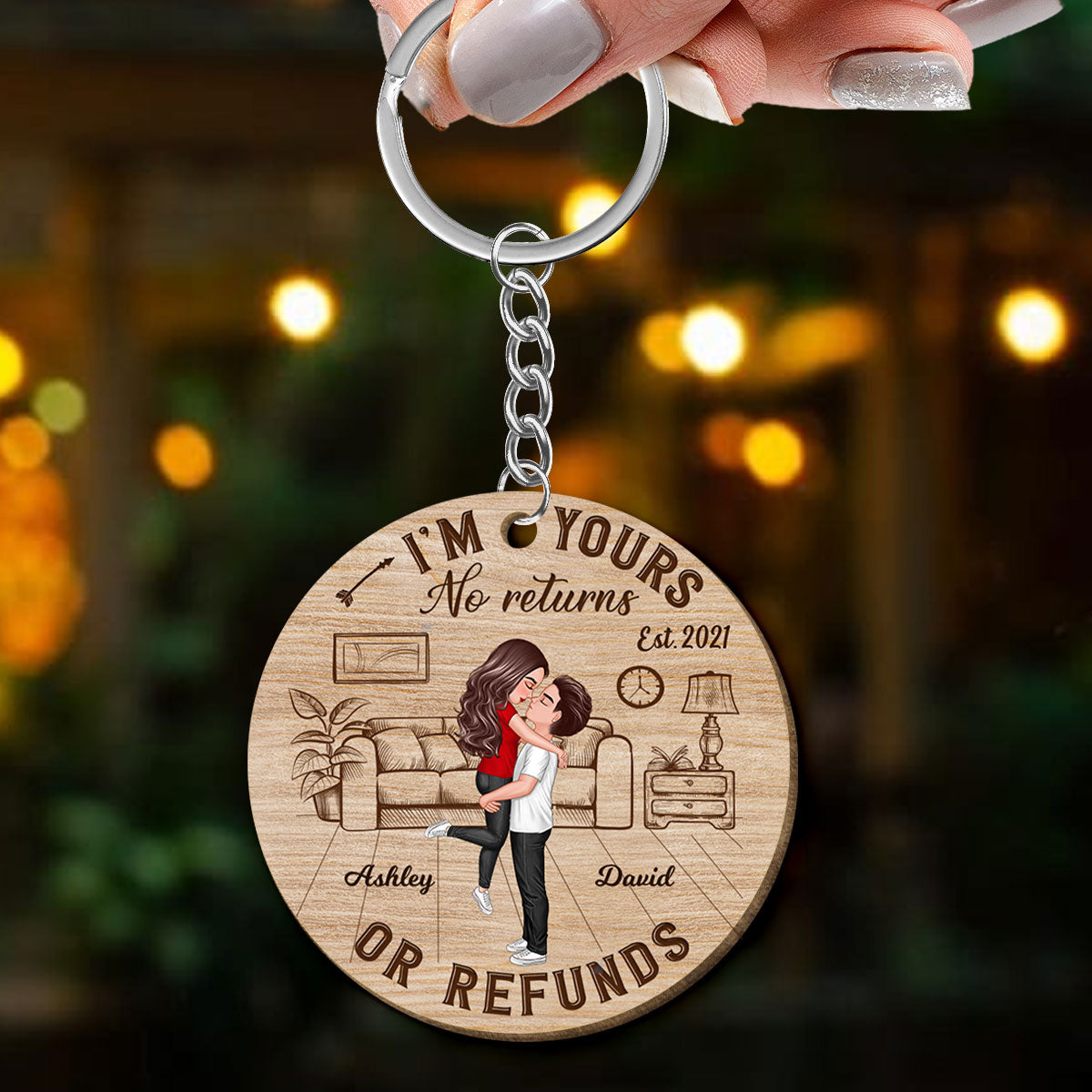 Couple No Returns Refund Personalized Wooden Keychain