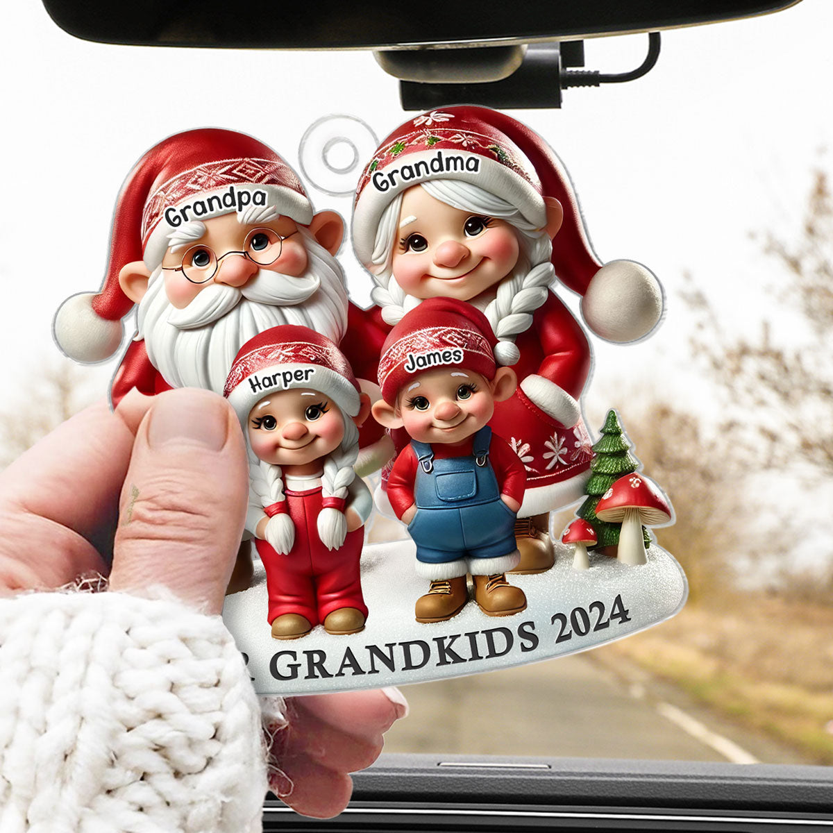 3D Effect Gnome Grandma Grandpa And Grandkids Christmas Personalized Acrylic Car Hanger Ornament