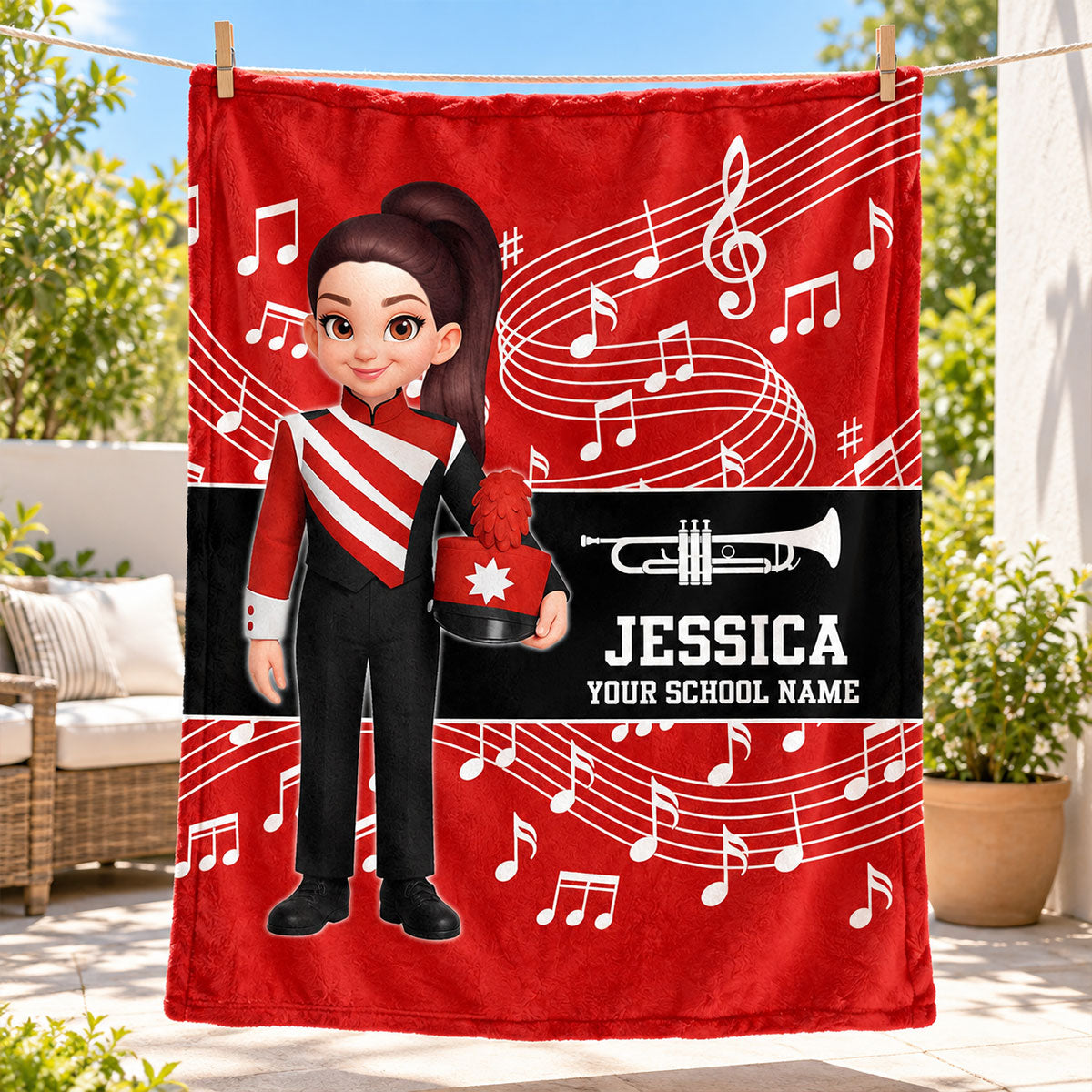 Custom Music Marching Band, Orchestra, Personalized Name, Color, School, Instrument, Trumpet, Clarinet, Tuba, Violine - Personalized Fleece Blanket - Christmas Gift For Son, Grandson, Daughter, Granddaughter