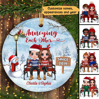 Doll Couple Sitting On Bench Personalized Circle Ornament