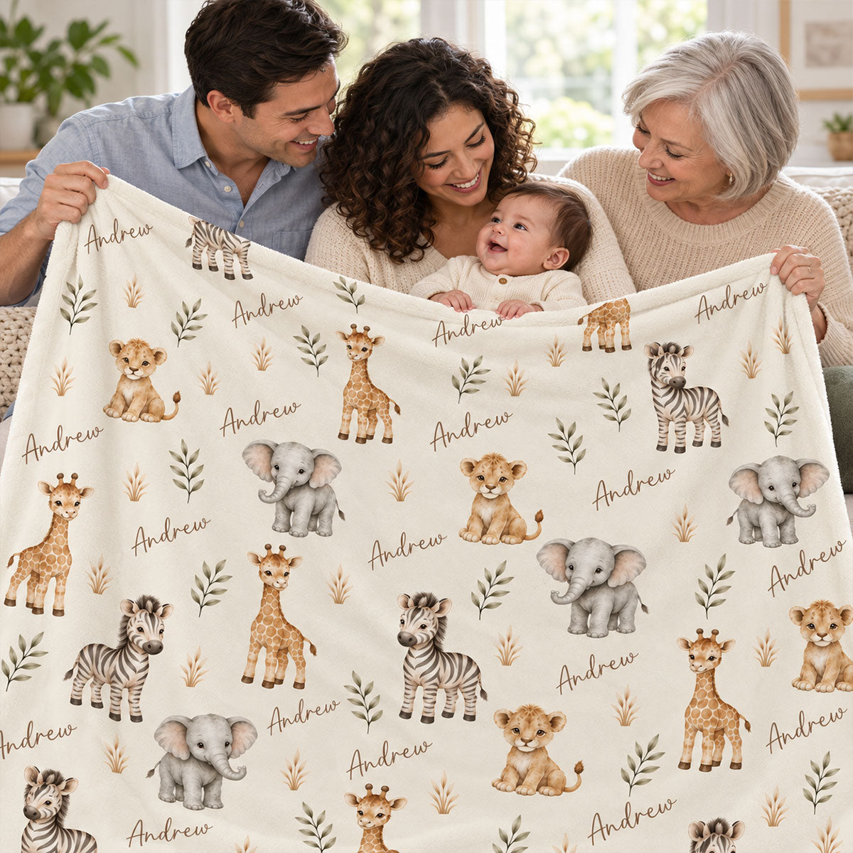 Safari Animal Print Custom Baby Name - Personalized Fleece Blanket - Nursery Jungle Animal Theme For Baby