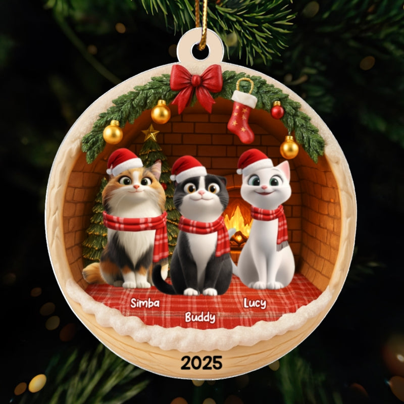 3D Christmas Cats Cozy House - Personalized Acrylic Ornament - Christmas Gift for Cat Lovers