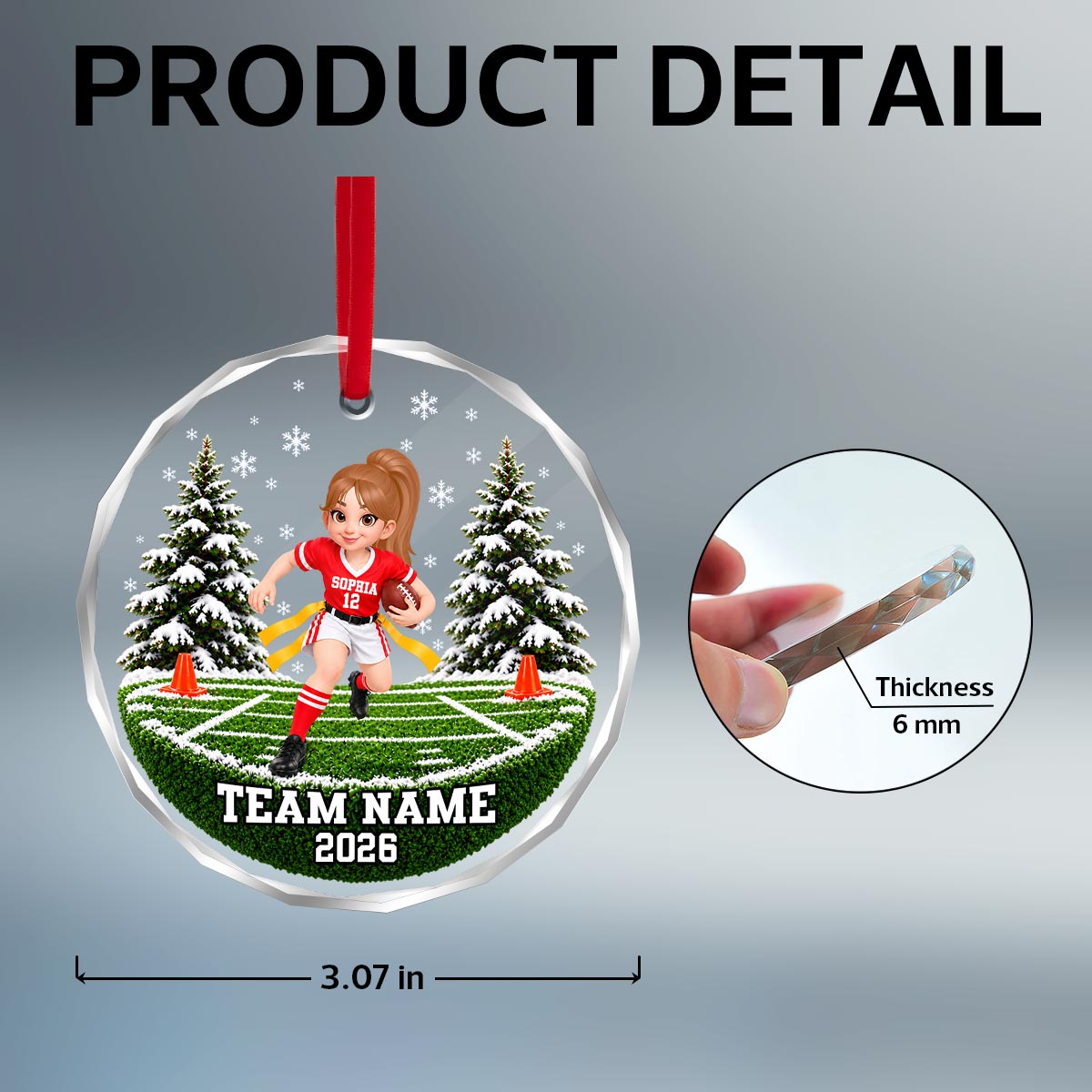 Flag Football Player 2D Flat - Personalized Glass Ornament - Custom Boy & Girl, Team Name Keepsake, Gift for Young Athletes
