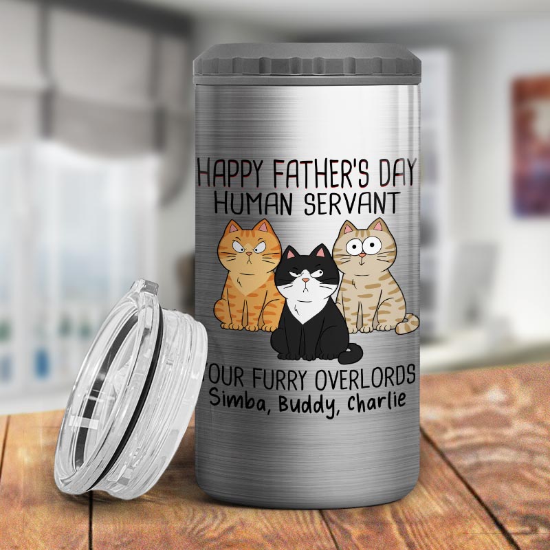 Happy Father‘s Day Human Servant Funny Cute Cats Personalized Can Cooler, Gift For Cat Dad