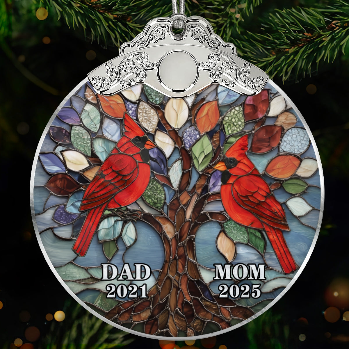 Tree Of Life Cardinals Mom Dad Mosaic Effect - Personalized Glass Ornament With Silver Cap - Christmas Memorial Keepsake For Family