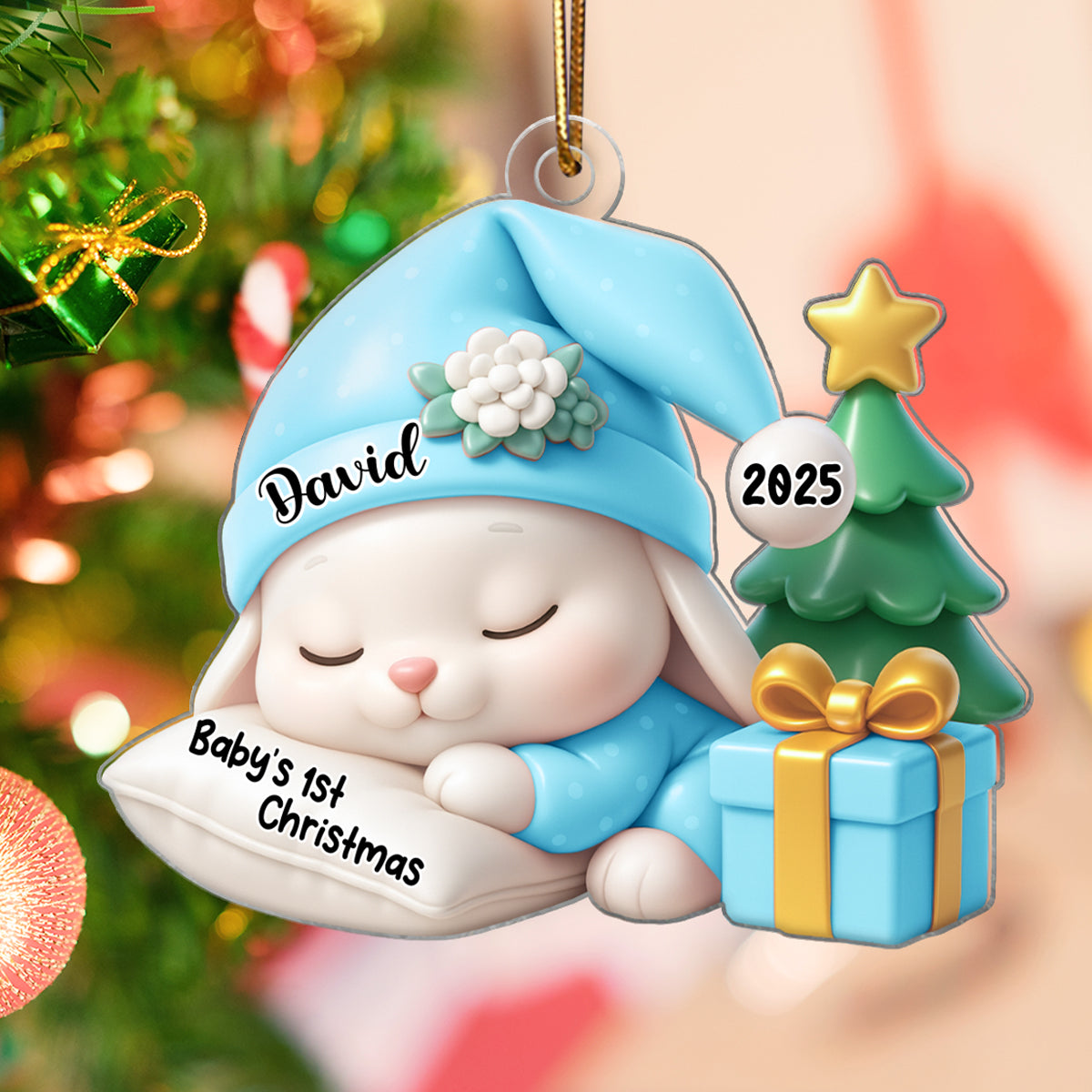 Baby's 1st Christmas Sleeping Bunny in Soft Pajamas Personalized Acrylic Ornament, Christmas Keepsake for New Mom, Dad