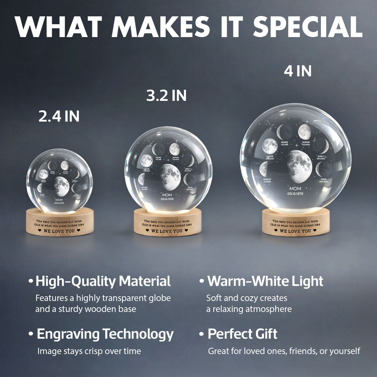 The Date You Became Our Mom We Love You - Personalized Crystal Ball LED Night Light - Gift For Mom, Grandma