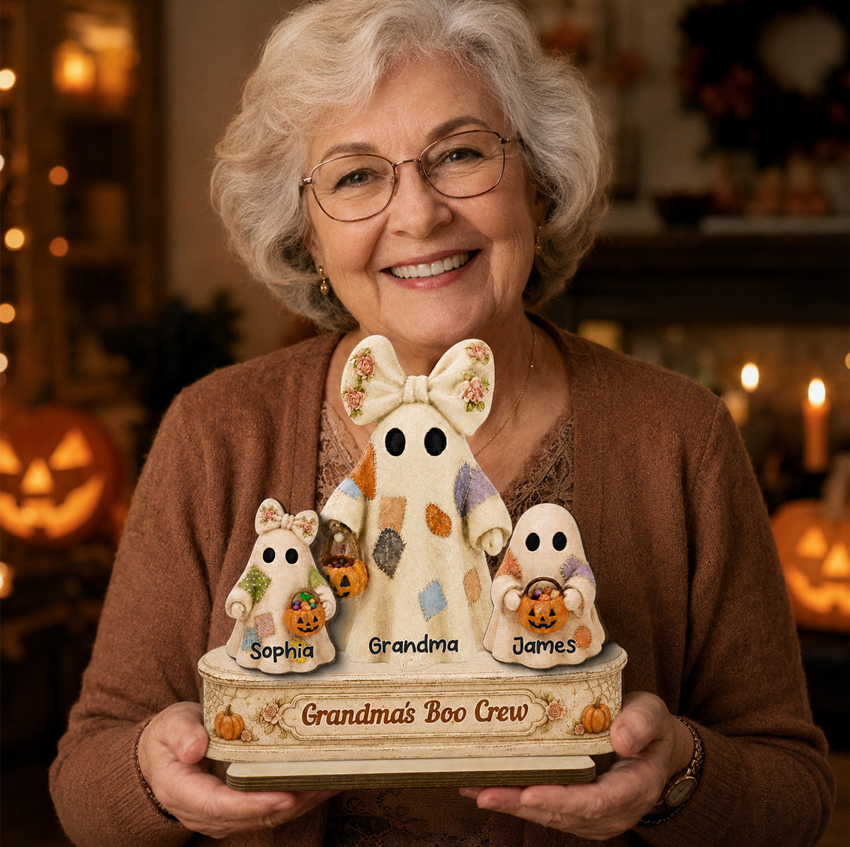 Grandma's Boo Crew Patchwork Style Ghosts 2D Flat - Personalized 2-Layered Wooden Plaque - Fall Season Halloween Decor For Grandma