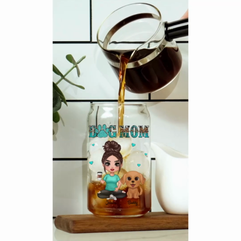 Watercolor Cute Dogs Teal And Leopard Dog Mom Personalized Clear Glass Can