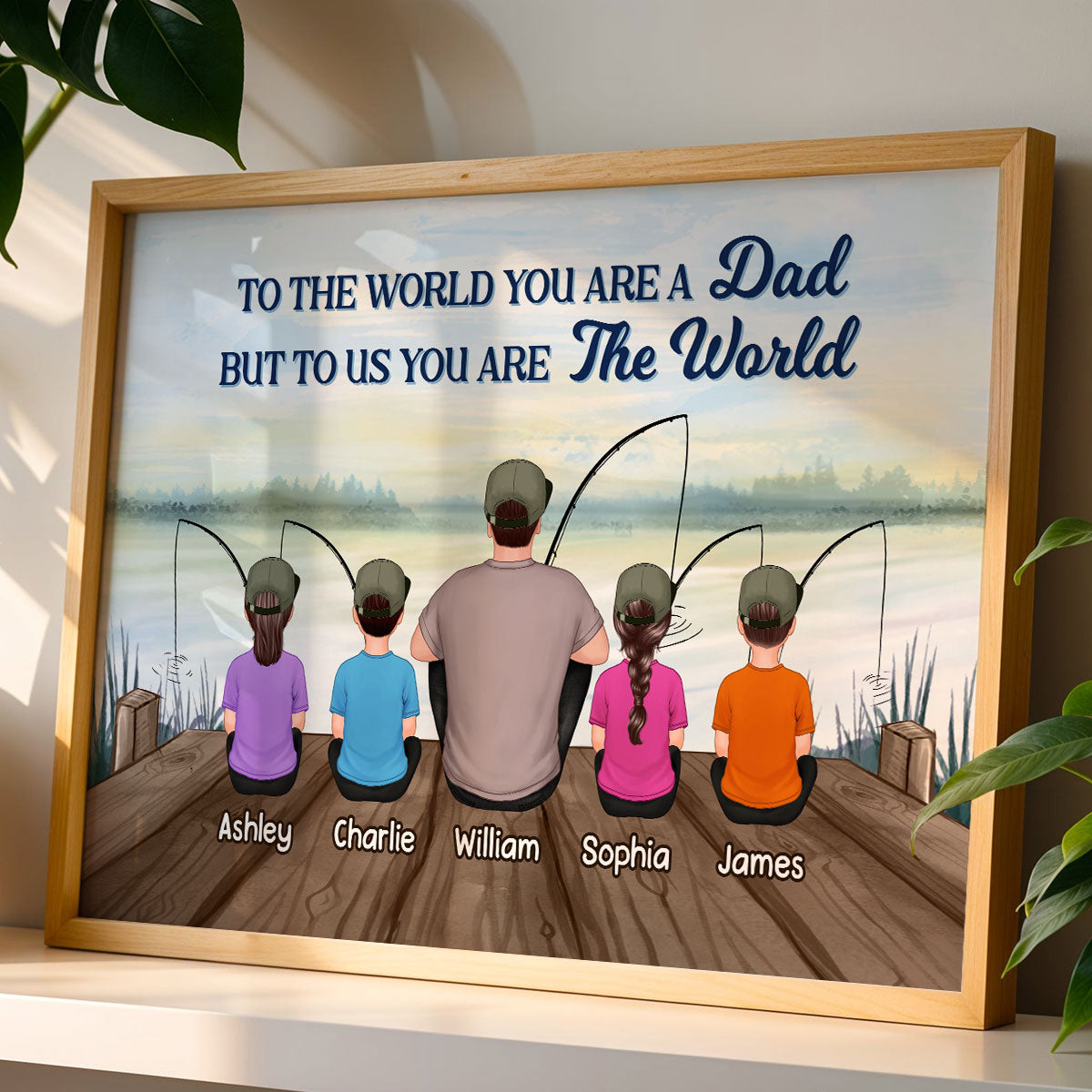 Fishing Back View Dad And Kids Sitting Personalized Horizontal Poster| Heartfelt Father's Day Gift For Dad