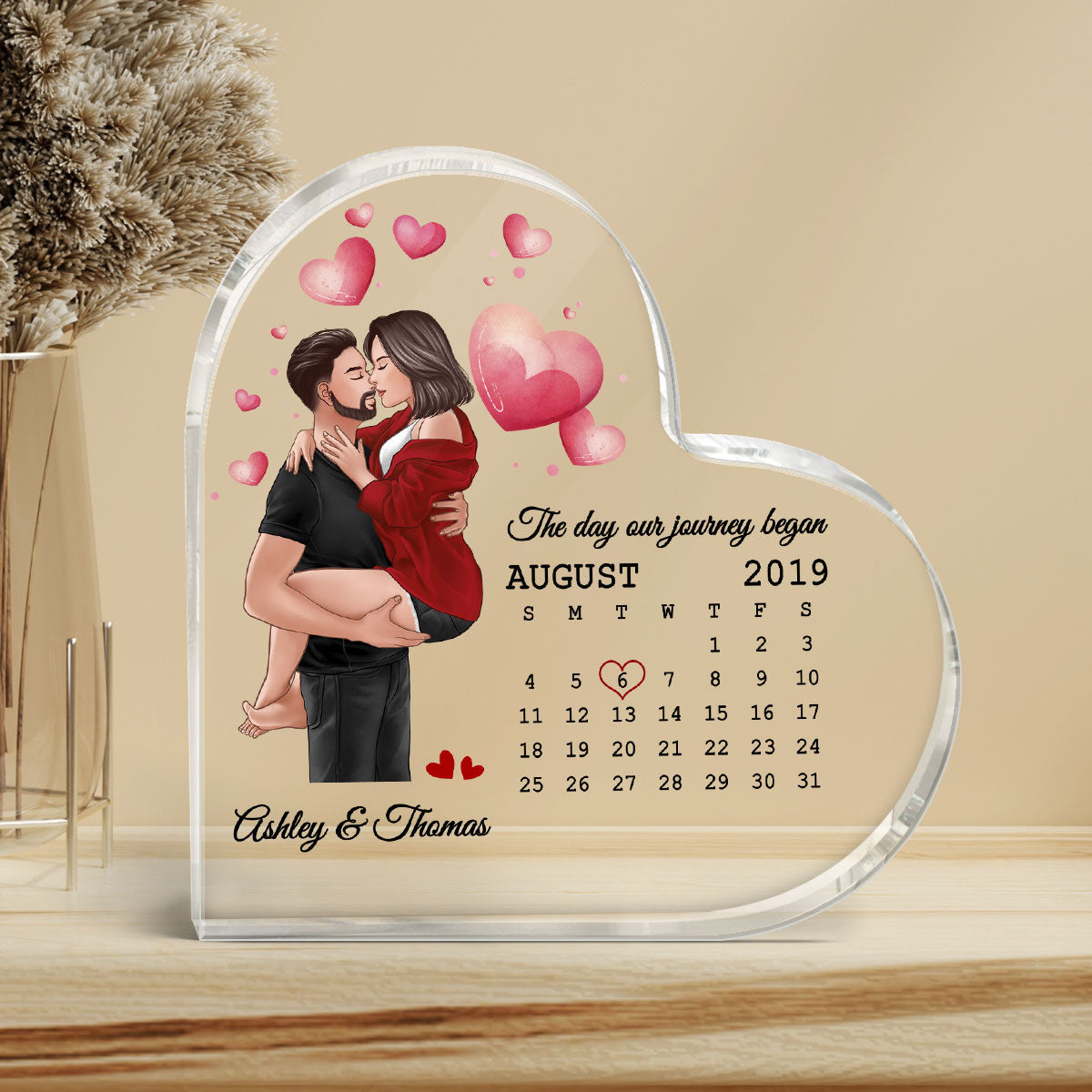 Man Holding Woman Kissing Calendar Anniversary Date Anniversary Personalized Heart Shaped Acrylic Plaque