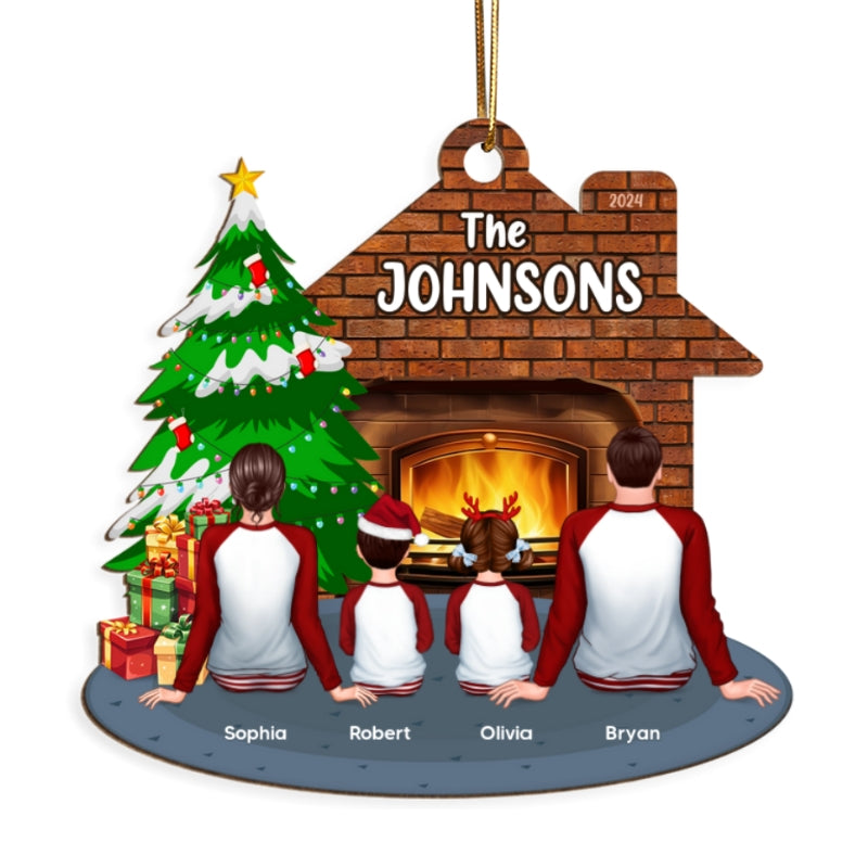 Pajamas Whole Family Sitting At Fireplace Personalized Wooden Ornament