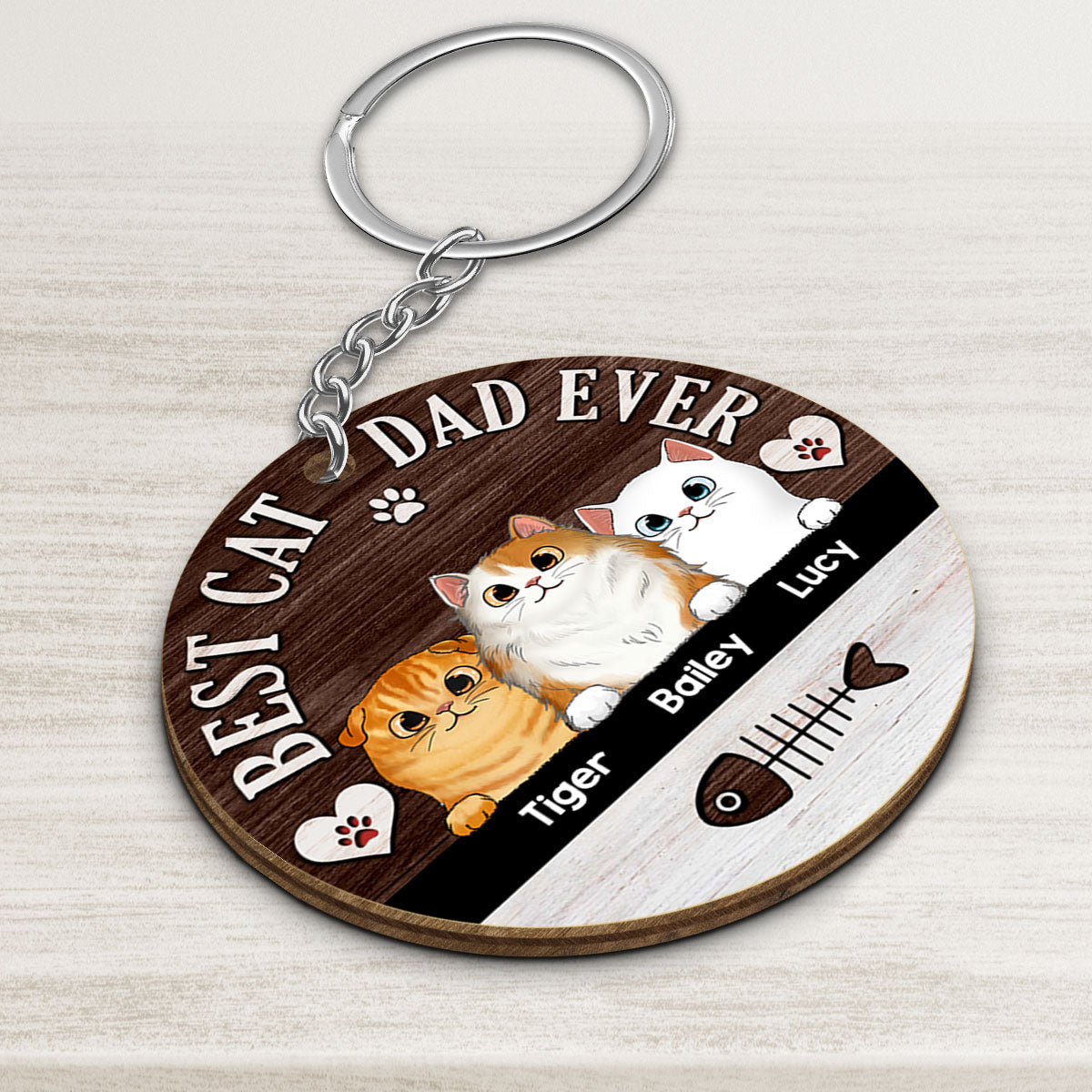 Best Cat Dad Ever Fluffy Cats Personalized Circle Wooden Keychain