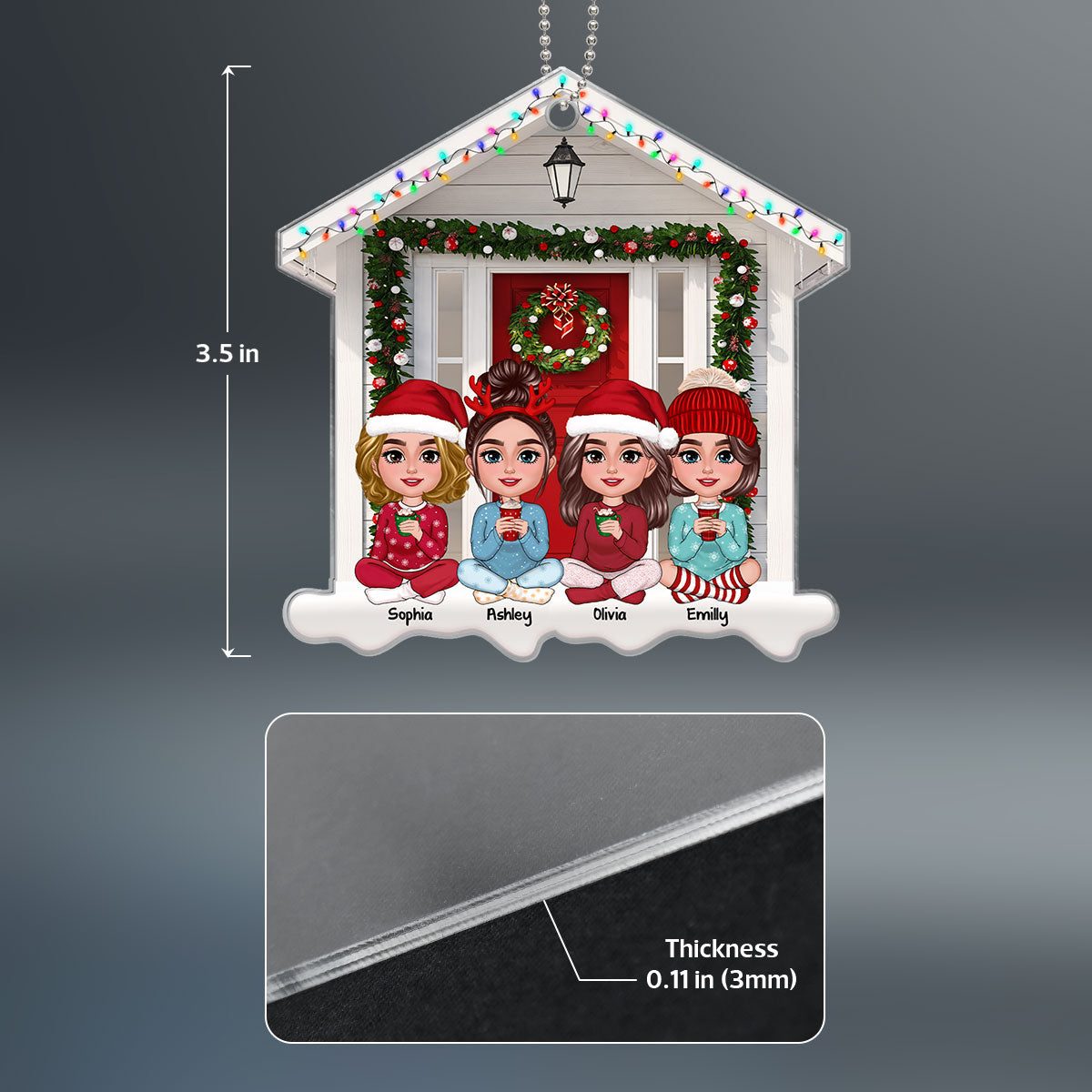 Besties Sisters Sitting Front Door House Shaped Personalized Acrylic Ornament